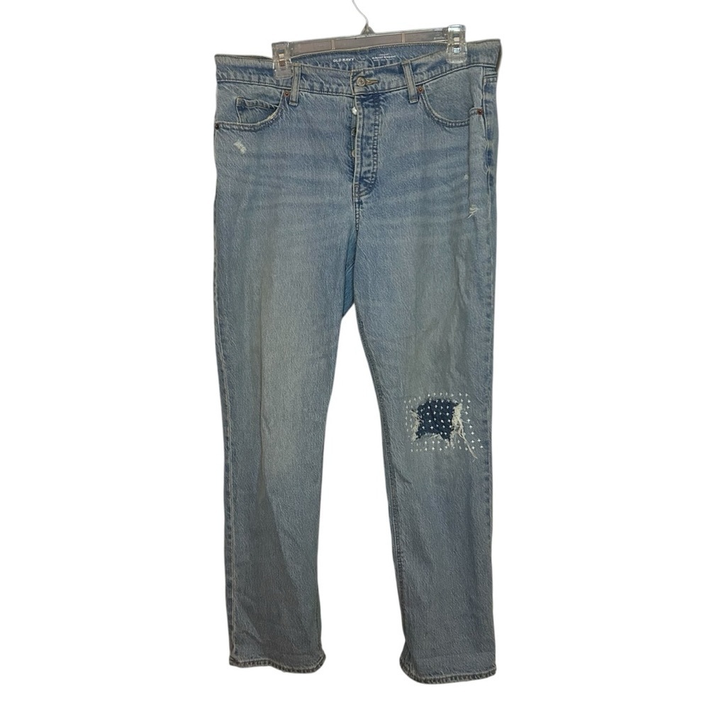 Old Navy High Rise Slouchy Straight Jeans Size 10 Distressed Patch Denim
